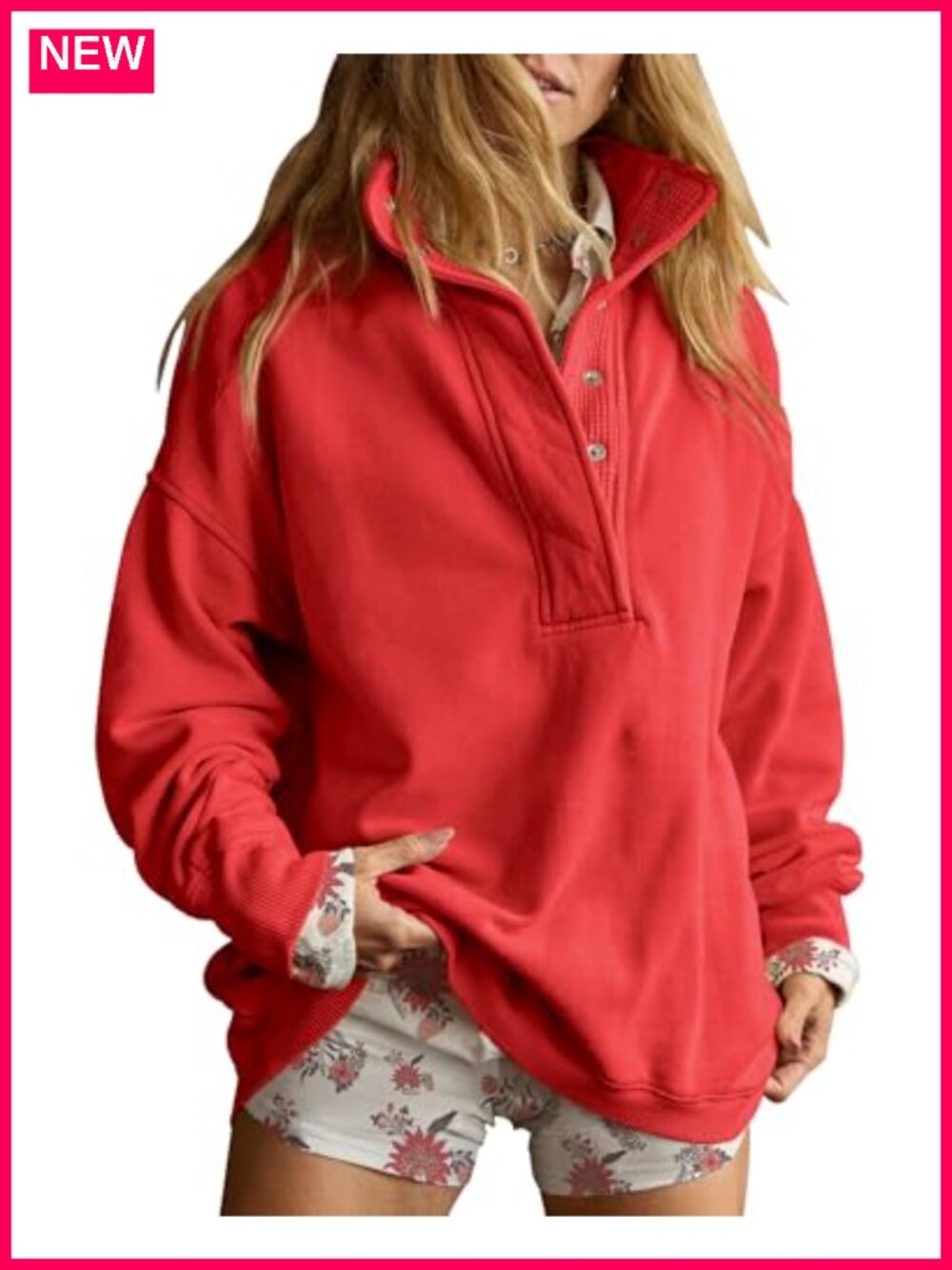 Oversized Henley Neck Sweatshirt Cotton Blend Pullover Long Sleeve